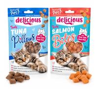 World of Pet Delicious Tuna Pillows & Salmon Bites Cat Treats 2 Pack | Real Fish Snacks, Added Taurine, Soft & Crunchy Texture, Resealable Bag, Vitamins & Minerals