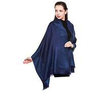 World of Shawls Ladies Floral Paisley Bordered Pashmina Feel Shawl Scarf Wrap Stole Luxuriously Warm Soft and Silky Touch (Double Sided Reversible - Navy/Light Blue)