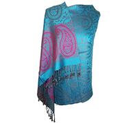 World of Shawls Ladies Floral Paisley Bordered Pashmina Feel Shawl Scarf Wrap Stole Luxuriously Warm Soft and Silky Touch (Turquoise/Hot Pink)