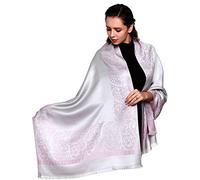 World of Shawls Ladies Floral Paisley Bordered Pashmina Feel Shawl Scarf Wrap Stole Luxuriously Warm Soft and Silky Touch (Double Sided Reversible - Light Silver/Pink)