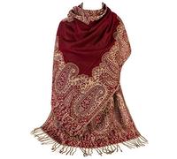 World of Shawls Ladies Paisley Bordered Pashmina Feel Shawl Scarf Wrap Stole Luxuriously Warm Soft Vibrant (Maroon and Beige)