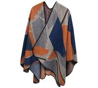 World of Shawls Reversible Knitted Oversized Poncho Scarf Wrap Cape for Women Ladies with Block Print Abstract Design Open Front Cardigan Abstract - Silver/Teal Blue/Orange (AB_2)