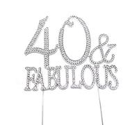 World of Sparkles 40 & Fabulous Cake Toppers with Silver Diamante Rhinestones Diamonds and Silver Base for Adult Birthday Party Only