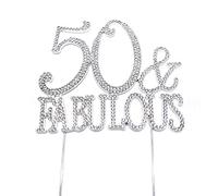 World of Sparkles 50 & Fabulous Cake Toppers with Silver Diamante Rhinestones Diamonds and Silver Base for Adult Birthday Party Only