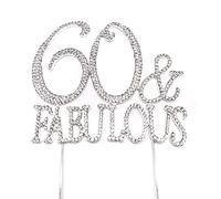 World of Sparkles 60 & Fabulous Cake Toppers with Silver Diamante Rhinestones Diamonds and Silver Base for Adult Birthday Party Only