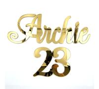 World of Sparkles | "Archie 23" Personalized Name & Number Celebration Cake Charm Acrylic 3mm Thick and Classy - 3" 4" 5" 6" (Gold Mirror) 6inch