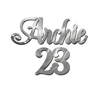 World of Sparkles | "Archie 23" Personalized Name & Number Celebration Cake Charm Acrylic 3mm Thick and Classy - 3" 4" 5" 6" (Silver Mirror) 5inch