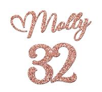 World of Sparkles | "Molly 32" Personalized Name & Number Celebration Cake Name Charm Acrylic 3mm Thick and Classy - 3" 4" 5" 6" (Rose Gold Glitter) 3inch