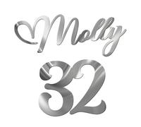 World of Sparkles | "Molly 32" Personalized Name & Number Celebration Cake Name Charm Acrylic 3mm Thick and Classy - 3" 4" 5" 6" (Silver Mirror) 5inch