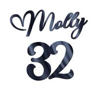 World of Sparkles | "Molly 32" Personalized Name & Number Celebration Cake Name Charm Acrylic 3mm Thick and Classy - 3" 4" 5" 6" (Dark Grey Mirror) 4inch