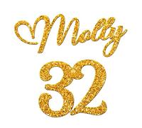 World of Sparkles | "Molly 32" Personalized Name & Number Celebration Cake Name Charm Acrylic 3mm Thick and Classy - 3" 4" 5" 6" (Gold Glitter) 6inch