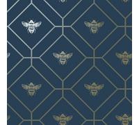 World Of Wallpaper Bee Wallpaper - Navy/Gold - Navy/Gold - 10m x 53cm - 100% Mixed