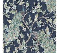 World of Wallpaper Keeka Peacock, Metallic Sheen Glam, Navy (946100) | Easy to apply wallcovering, Feature Wall, Flowers, Bedroom, Living & Dining Rooms (10.05m x 53cm roll)