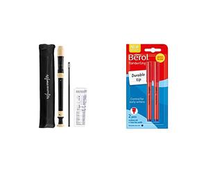 World Rhythm WR-805 Descant School Recorder with Bag, Cleaning Rod and Fingering Chart - Soprano - Black & Ivory & Berol Handwriting Pens, Round Shape, Washable Blue Ink, Bright Barrels, 2 Count