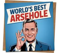 World’s Best Arsehole Funny Greeting Card - 145mm x 145mm - Retro Rude Humor Card for Him or Her, Blank Inside - Kraft Envelope Included