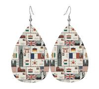 world Stamp Pattern Earrings for Women, Leather Earrings Teardrop for Women Trendy, Tear Drop Earrings Jewelry