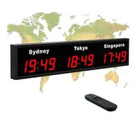 World Time Zones Clock, 3/4/5 Time Zone Wall Mounted Digital Clock with Remote Control, HD Display, Adjustable City Names, Aluminum Shell for Office Use