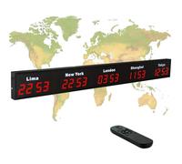 World Time Zones Clock, 3/4/5 Time Zone Wall Mounted Digital Clock with Remote Control, HD Display, Adjustable City Names, Aluminum Shell for Office Use