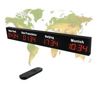 World Time Zones Clock, 3/4/5 Time Zone Wall Mounted Digital Clock with Remote Control, HD Display, Adjustable City Names, Aluminum Shell for Office Use