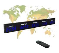 World Time Zones Clock, 3/4/5 Time Zone Wall Mounted Digital Clock with Remote Control, HD Display, Adjustable City Names, Aluminum Shell for Office Use