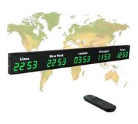 World Time Zones Clock, 3/4/5 Time Zone Wall Mounted Digital Clock with Remote Control, HD Display, Adjustable City Names, Aluminum Shell for Office Use