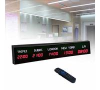 World Time Zones Clock, LED Digital Full Color Multiple Time Zones Clock, 3/4/5 Cities World Time Wall Clock, with Remote Control, for Hotels/Businesses/Airports,2-red&white-4City