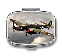 World War 2 Aircraft Airplane Pill Box 2 Compartment, Portable Pill Case with Mirror for Pocket Purse Travel, Mini Metal Medicine Organizer for Vitamins Fish Oil