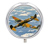 World War 2 Aircraft Airplane Pill Box, Travel Medicine Pill Case with Mirror, 3 Compartment Portable Round Pill Organizer, Weekly Medicine Pill Container Holder for Pocket Or Purse Daily Meds