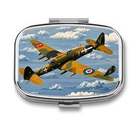 World War 2 Aircraft Airplane pilldispenser with Mirror 2 Compartments Waterproof PillCase for Purse Pocket Non-Slip Grip Travel Medicine Organizer Container Box for Vitamin Fish Oil Supplement