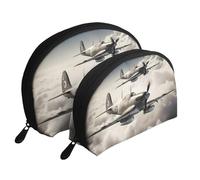 World War 2 Aircraft Airplane Portable Shell Cosmetic Bag Set - Travel Makeup Organiser with Zipper & Inner Compartments