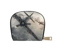 World War 2 Aircraft Airplane Printed Leather Half Circle Card Wallet Zipper Card Case Holder, Compact Stylish for Men and Women