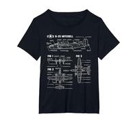 World War 2 American Aircraft B-25 Mitchell Bomber Blueprint T-Shirt, Women's Plus, Black, 6X