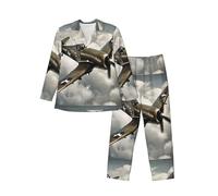 World War Aircraft Airplane Print Mens Set Pajamas Sleepwear, Long Sleeve Button Down Lounge Sets With Pockets, Black, M