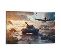 World War II Military Battle D-Day Wall Art Canvas Poster, Tank Fighter Battleship War Prints, Classic Military Themed Decor for Home Hallway Bedroom Living Room Man Cave Veteran Room Office Study 12x