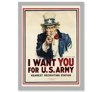 World War WW2 USA Uncle Sam We Want You Army Iconic A4 Artwork Framed Wall Art Print Artery8 Light Grey One Size