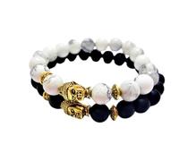 WORLD WIDE GEMS Black Matte Onyx & White howlite 8mm Round Smooth beads Long Distance Couples Love Friendship Combo Bracelet Set - Couples Relationship 6 inch Stretchable Bracelets set|WW_CPL_S_050_6