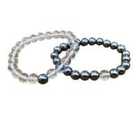 WORLD WIDE GEMS Hematite & Rock Crystal 8mm Round Smooth beads Long Distance Couples Love Friendship Combo Bracelet Set - Couples Relationship 7.5 inch Stretchable Bracelets set|WW_CPL_S_133_7.5