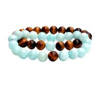 WORLD WIDE GEMS Tigers Eye & Aquamarine 8mm Round Smooth beads Long Distance Couples Love Friendship Combo Bracelet Set - Couples Relationship 6 inch Stretchable Bracelets set|WW_CPL_S_290_6