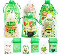 WorldBazaar 30PCS St. Patrick's Day Organza Gift Bags 4 x 6 Inch with Drawstring Lucky Shamrock Clover Goodie Candy Coin Leprechaun Bags Irish Green Party Favors