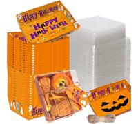 WorldBazaar 50 Pcs Halloween Charcuterie Boxes with Clear Lids Rope Gift Tags 5 Inch Square Disposable Paper Food Containers Bakery Dessert Treat Boxes for Cake Cookie Sandwich Halloween Party Favor