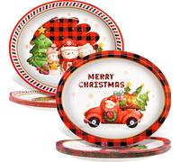 WorldBazaar christmas plaid oval plates paper Large Disposable Dinner Platters Holiday Tableware Supplies