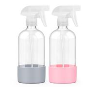 Worldgsb 2 Pack Glass Spray Bottles with Silicone Sleeve, 16 oz Empty Refillable Containers with Adjustable Spray Nozzles, Spray Bottles for Hair, Cleaning Solutions and Plants Pink&Grey
