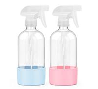 Worldgsb 2 Pack Glass Spray Bottles with Silicone Sleeve, 16 oz Empty Refillable Containers with Adjustable Spray Nozzles, Spray Bottles for Hair, Cleaning Solutions and Plants Blue&Pink