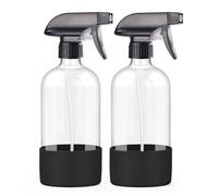 Worldgsb 2 Pack Glass Spray Bottles with Silicone Sleeve, 16 oz Empty Refillable Containers with Adjustable Spray Nozzles, Spray Bottles for Hair, Cleaning Solutions and Plants Black