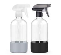 Worldgsb 2 Pack Glass Spray Bottles with Silicone Sleeve, 16 oz Empty Refillable Containers with Adjustable Spray Nozzles, Spray Bottles for Hair, Cleaning Solutions and Plants Black&Grey
