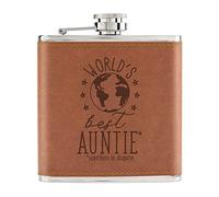 World's Best Auntie 6oz PU Leather Hip Flask Tan