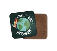 World's Best Fireman Square Coaster - Firefighter Thank You Christmas Birthday Illustration Boys Girls Kitchen Family Drinks Home #81620