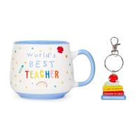 World's Best Teacher Ceramic Mug and Keyring Gift Set, Blue and White Design. End of Term Gift or just Because You Care!