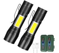 WORLUDE 2Pcs Mini Torch, Rechargeable Small Torch with COB Side Lights(USB Charge), 300 Lumens Strong Flashlight with Adjustable Focus, 3 Modes, for Hiking Camping Walking Dog-Walk (with Pen Clip)
