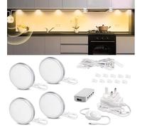 WORLUDE Dimmable Under Cabinet Kitchen Lights - 4Pcs Warm White LED Puck Light Under Cupboard Lighting, 2700K 112LEDs Display Lights for Cabinets, Kitchen, Book Shelf, Showcase, Cupboard